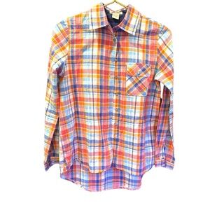 💗 Love Notes Coral & Blue Plaid Button-Down Shirt | XS | 100% Cotton